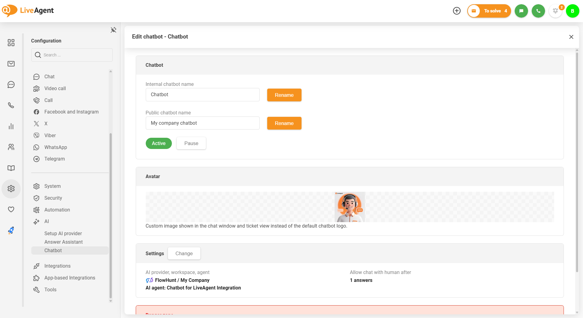Chatbot IA LiveAgent avec téléchargement d'avatar personnalisé