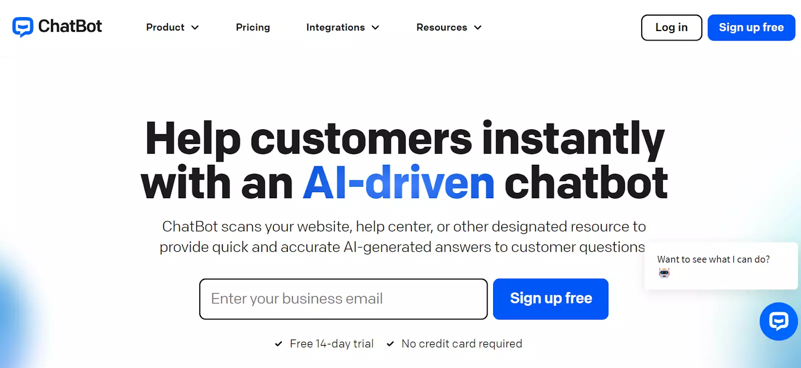 Capture d'écran de la page d'accueil de ChatBot - fournir des réponses générées par l'IA avec leur puissant chatbot