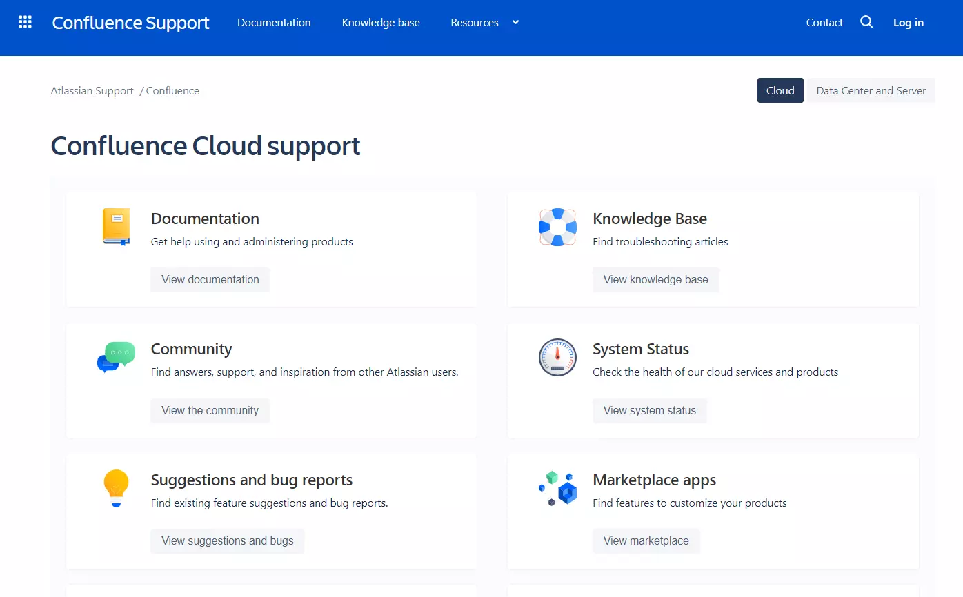 Image du support cloud Confluence avec une grille de catégories d'articles