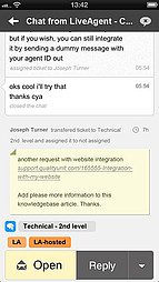Interface de l'application iOS de LiveAgent - Vue de chat