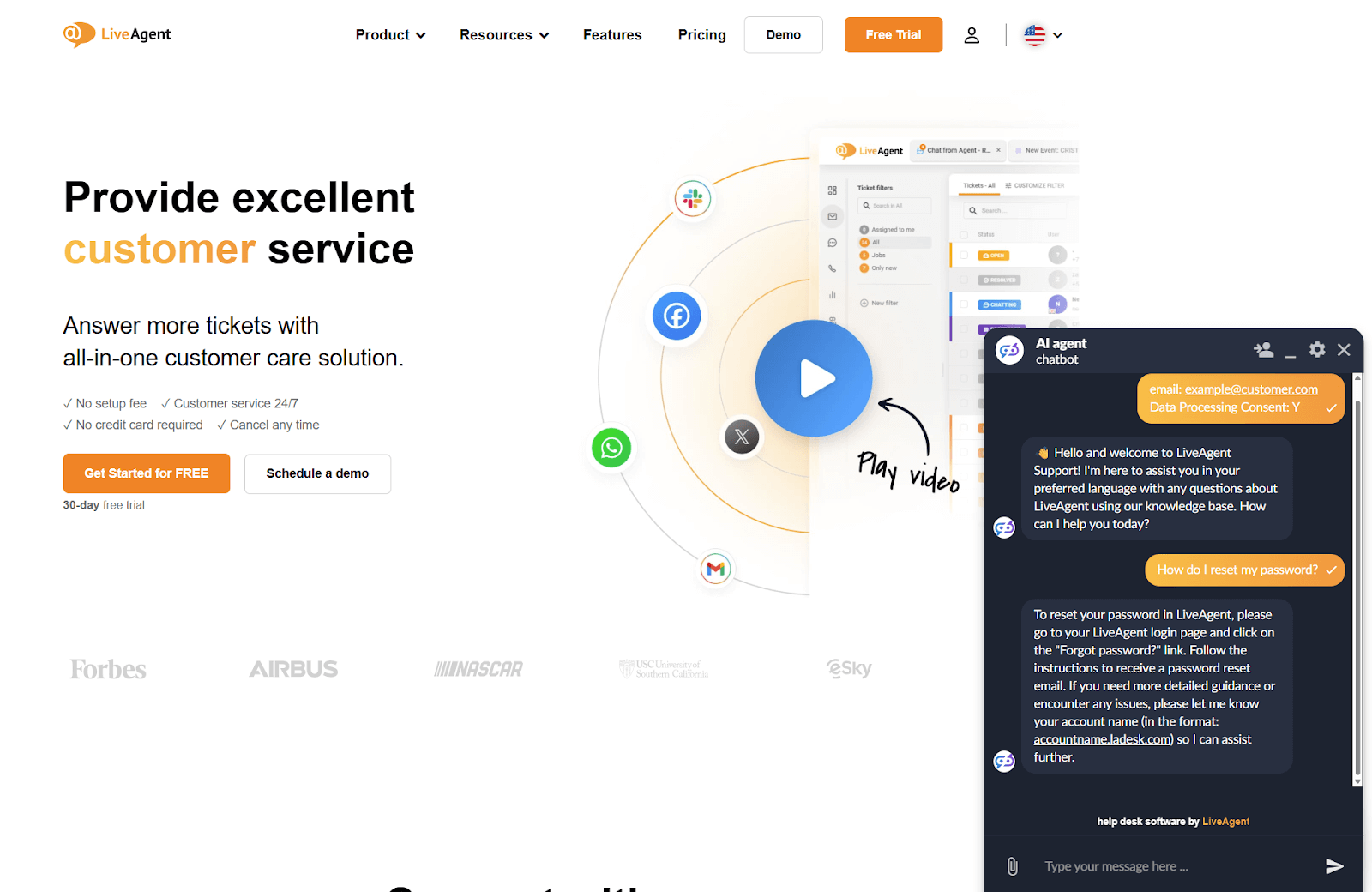 Capture d'écran de conversation de support client avec le Chatbot IA LiveAgent
