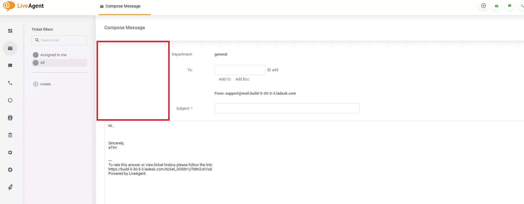 Une image montrant un problème de conception dans l'écran Composer un message dans LiveAgent