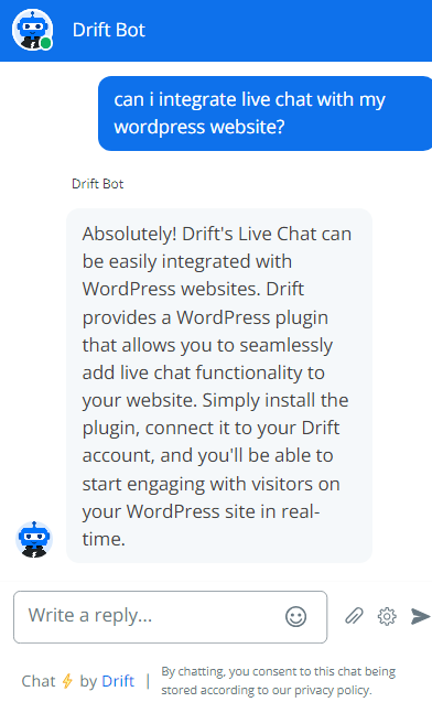 Image du chatbot de Drift ayant une conversation avec un client via leur outil de chat en direct