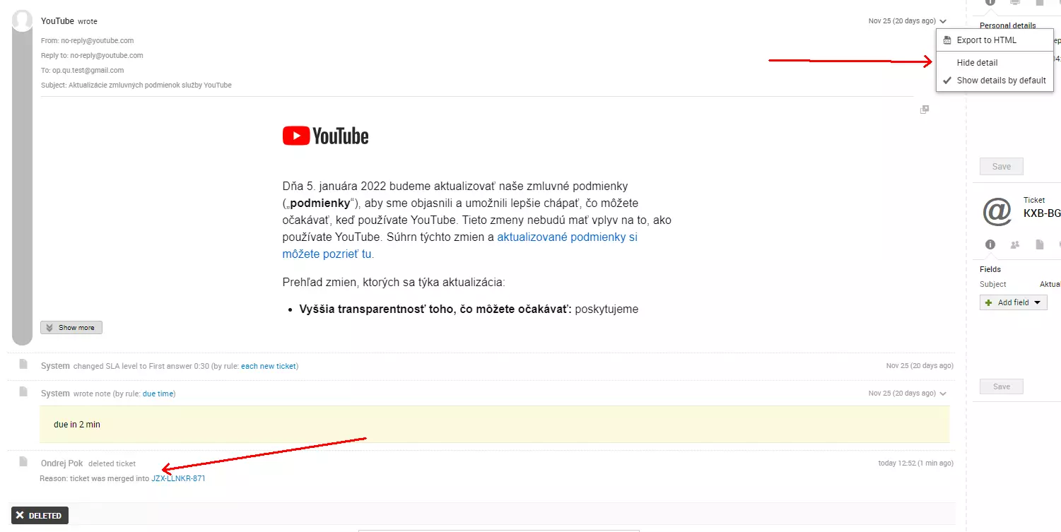 Une image montrant une erreur de source d'e-mail après la fusion de deux tickets, un problème présent dans les versions précédentes de LiveAgent
