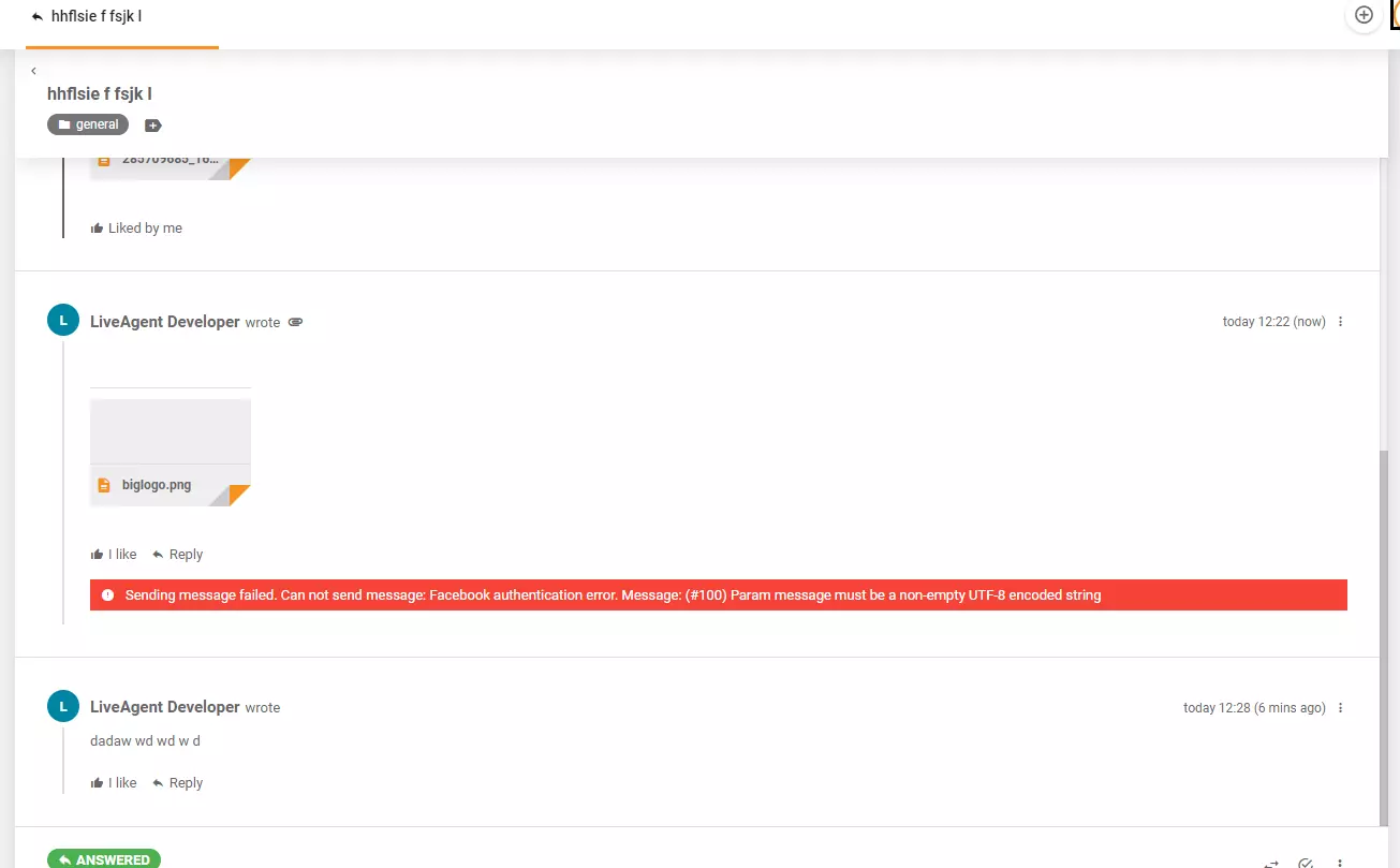Message d'erreur affiché lors de la publication d'une image sur Facebook via LiveAgent