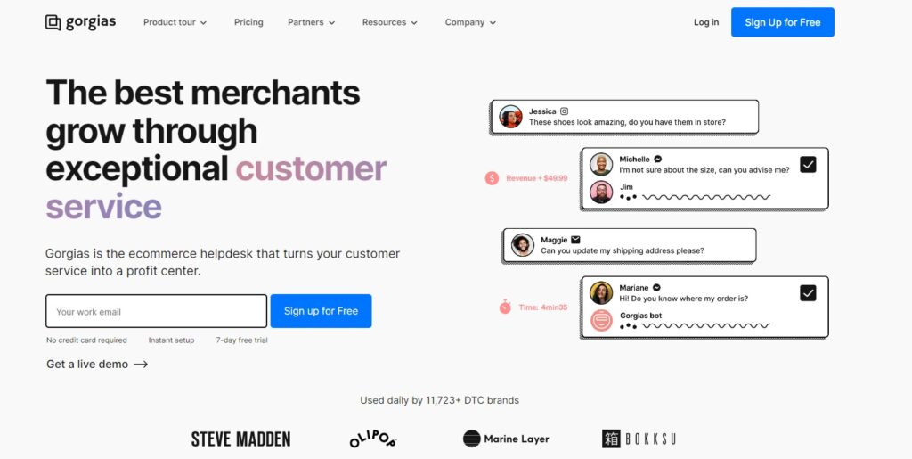 Page d'accueil de Gorgias - logiciel de chat en direct pour le commerce électronique axé sur le profit