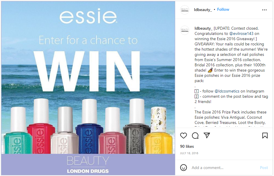 Concours Essie sur les réseaux sociaux invitant les abonnés à taguer des amis