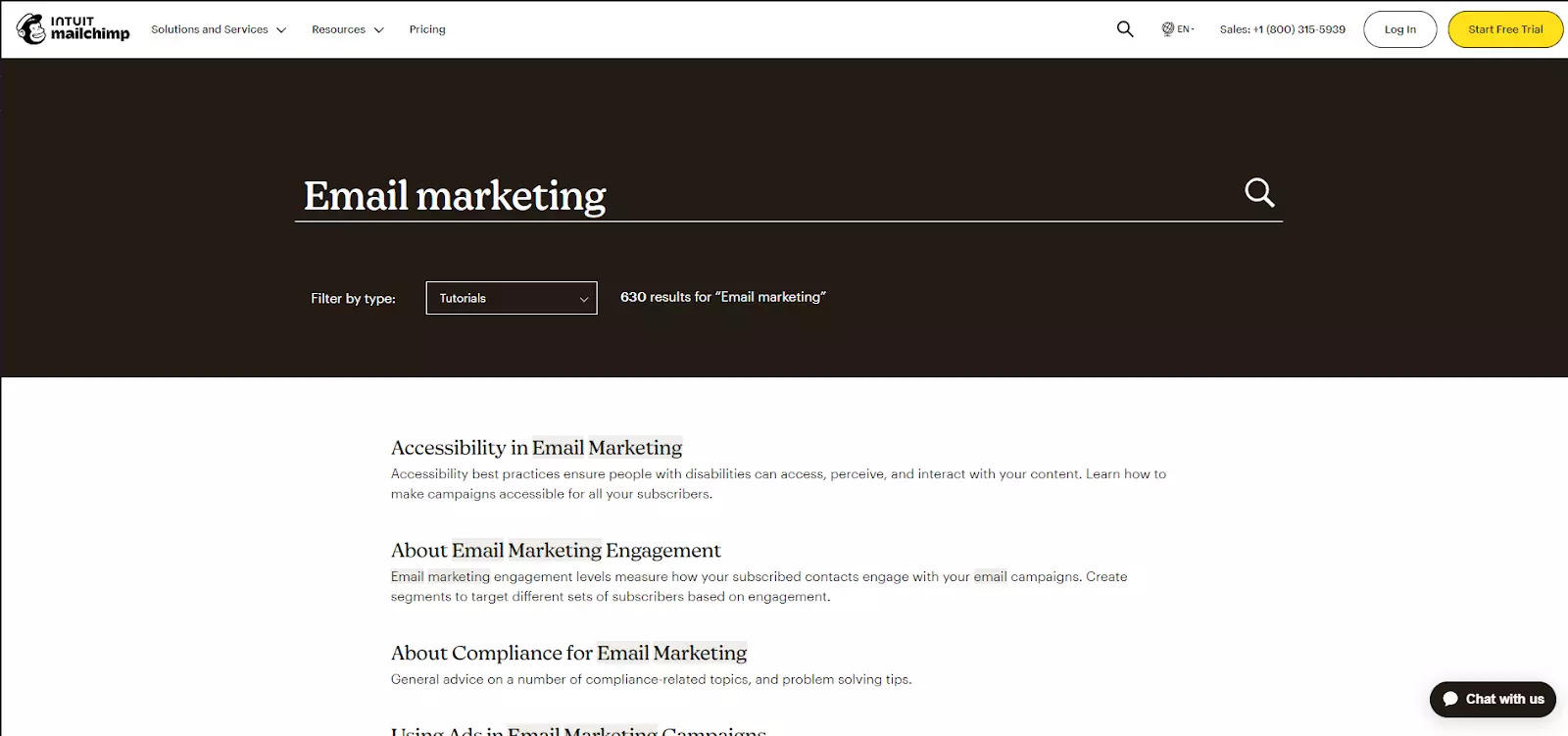 Exemple de fonction de recherche dans la base de connaissances de MailChimp