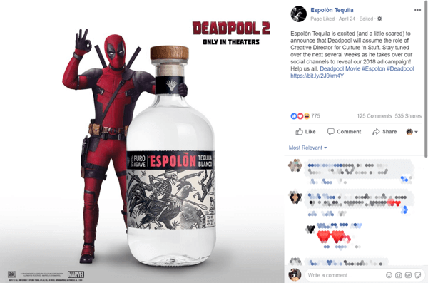Annonce de partenariat d'une marque de tequila avec le film Deadpool 2 sur Facebook