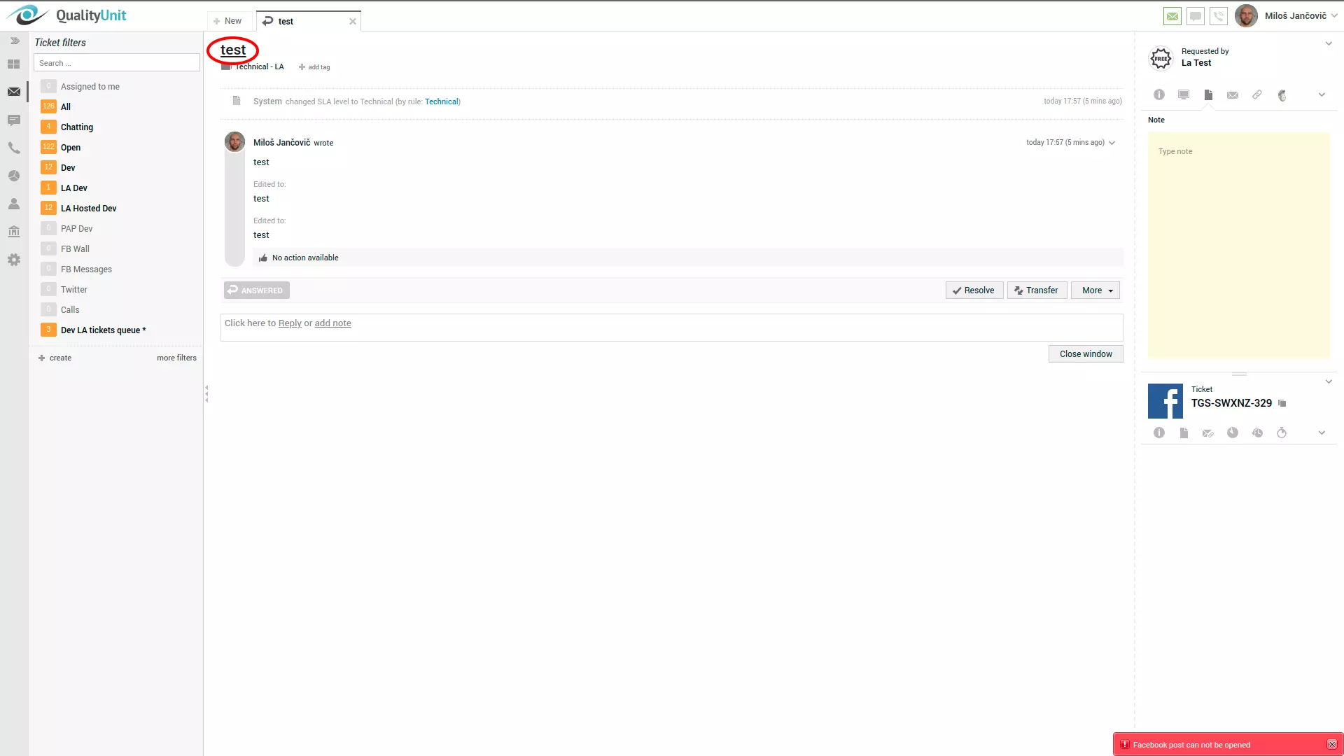 Erreur de publication Facebook dans le coin droit de l'interface utilisateur de LiveAgent