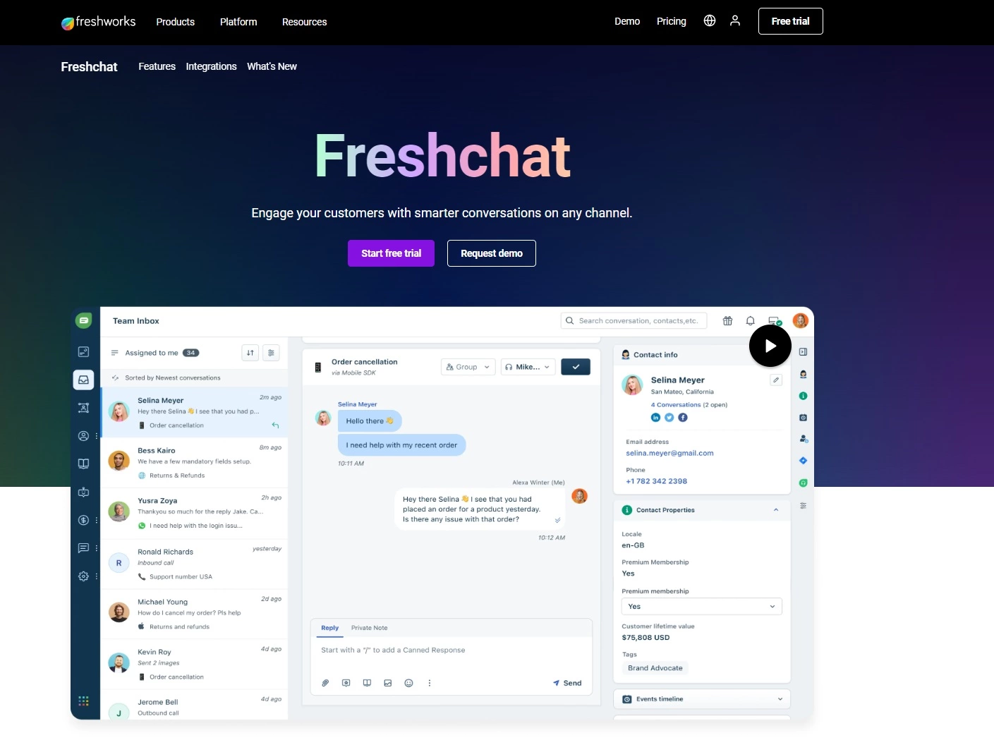Capture d'écran de la page d'accueil de Freshdesk - l'outil de chat en direct pour des conversations plus intelligentes et plus rapides