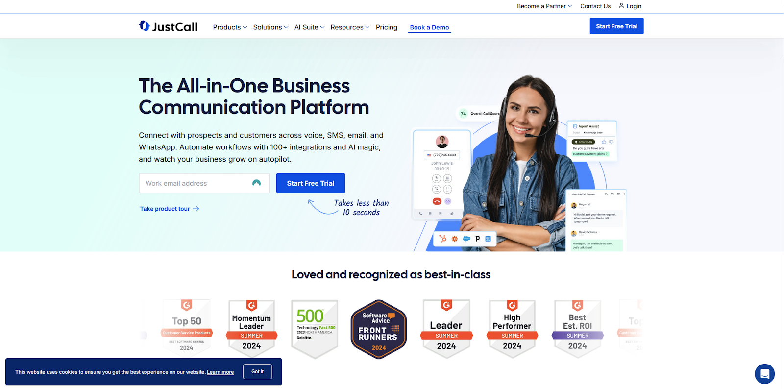 Page d'accueil du logiciel de centre d'appels JustCall