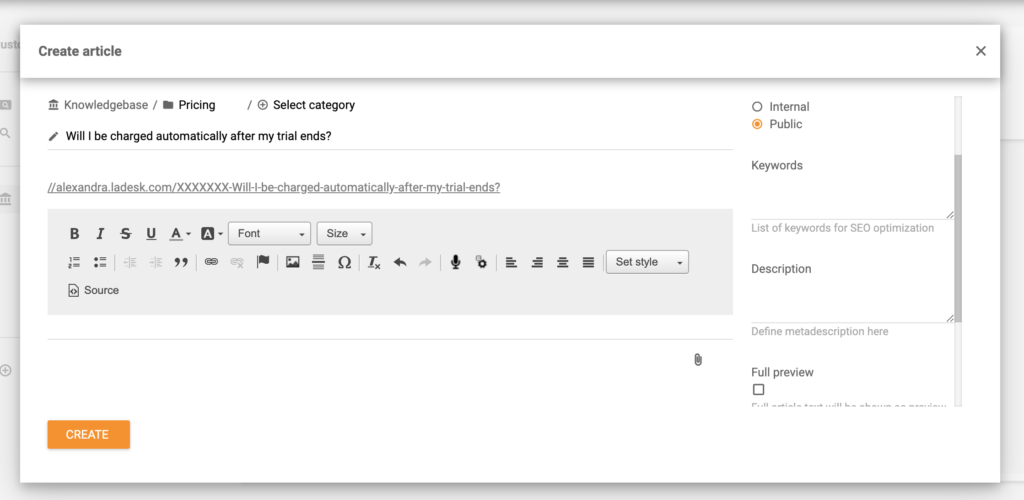 Création d'un article de base de connaissances dans LiveAgent