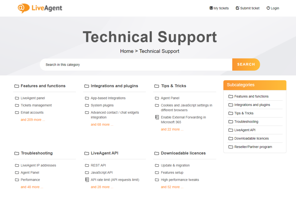 Aperçu de la page de support technique de LiveAgent