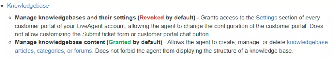 Image montrant des exemples de différentes permissions que les utilisateurs peuvent avoir concernant leur base de connaissances