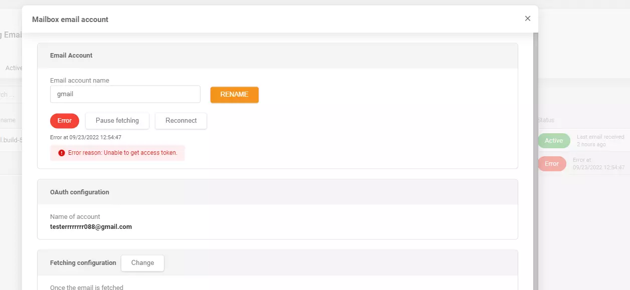 LiveAgent - Message d'erreur supprimé après l'ajout d'un compte Gmail de messagerie entrant