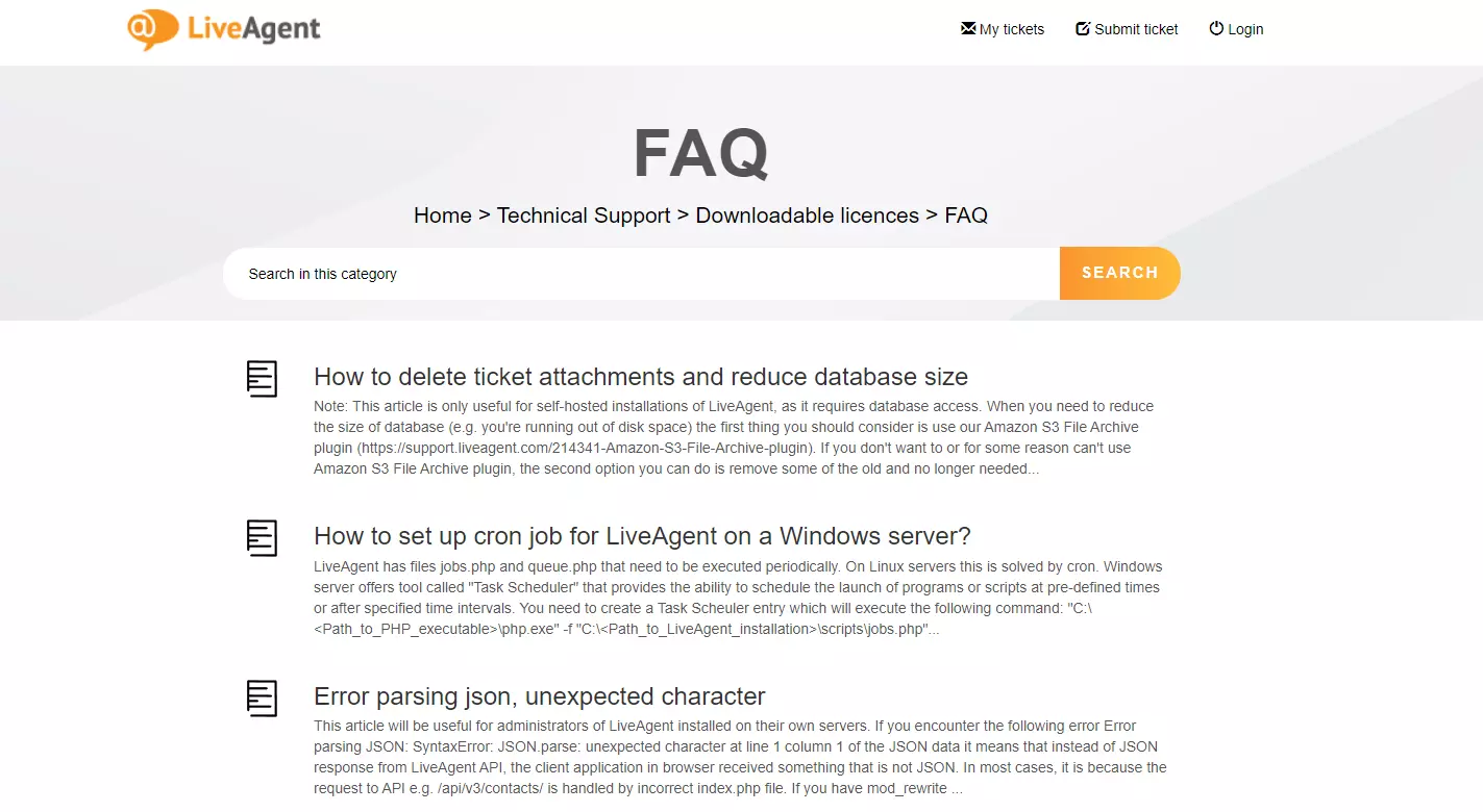 Page FAQ de la base de connaissances LiveAgent