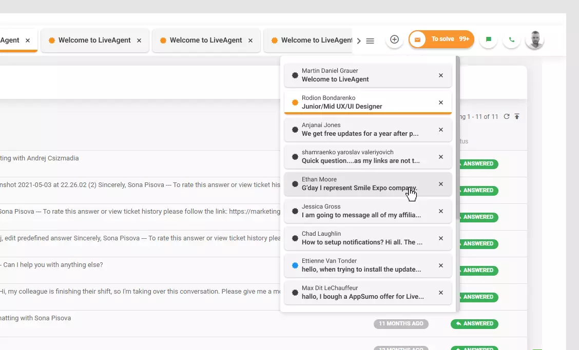 LiveAgent - Liste des tickets ouverts