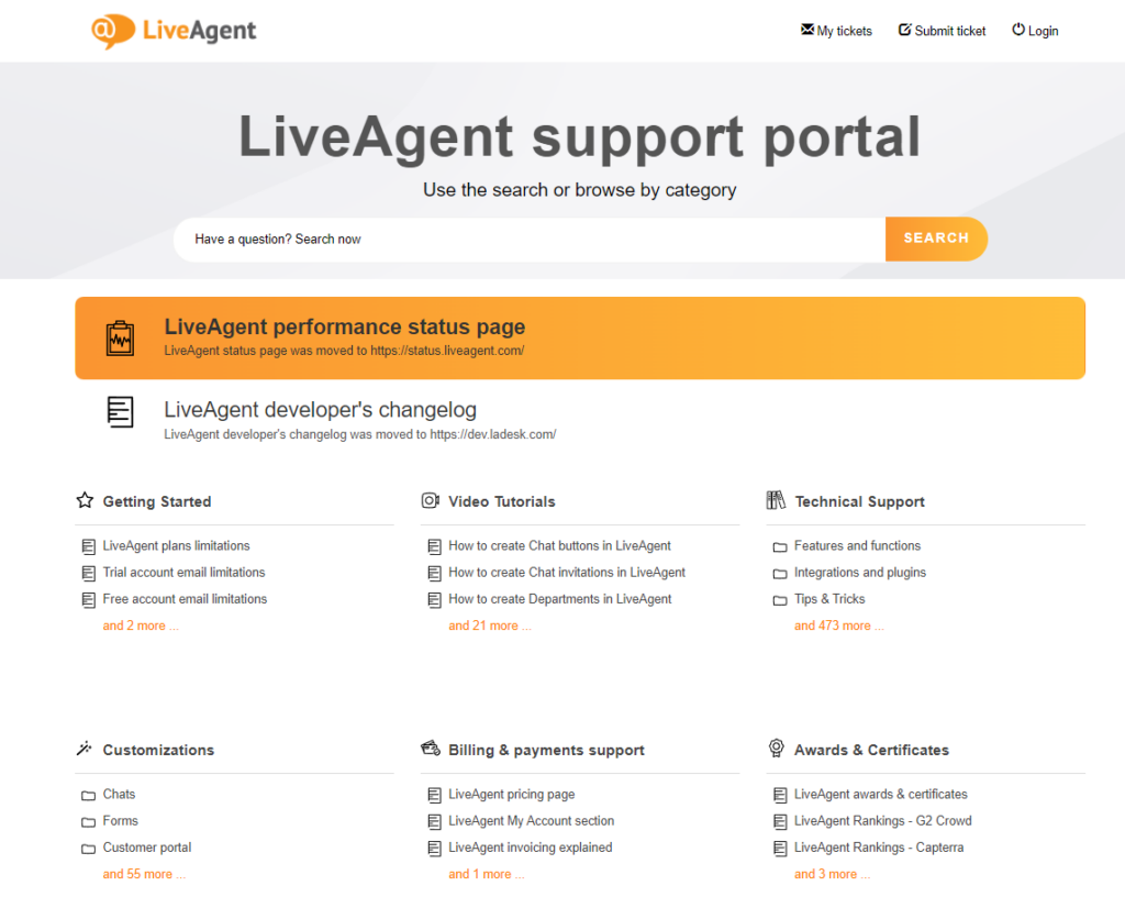 Capture d'écran montrant la catégorie de support technique de la base de connaissances de LiveAgent