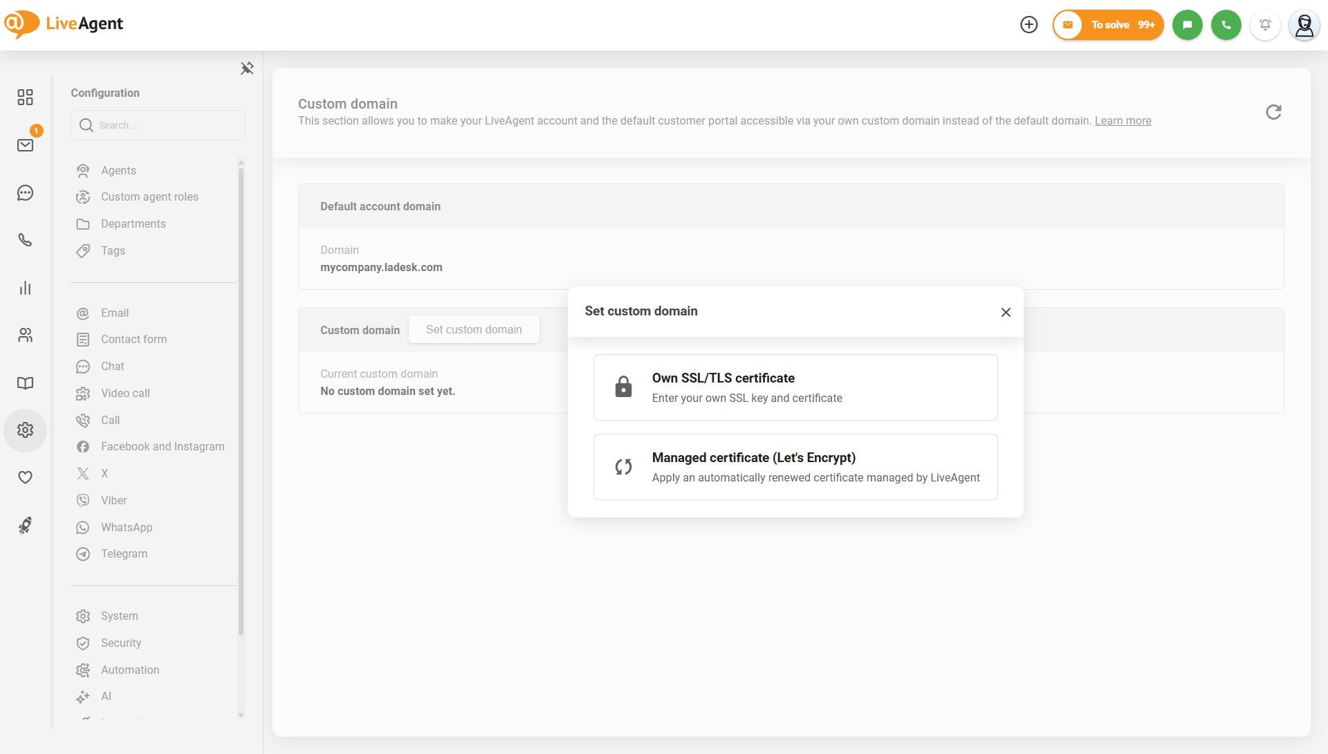 Paramètres du domaine personnalisé LiveAgent avec l'option de certificat géré Let's Encrypt