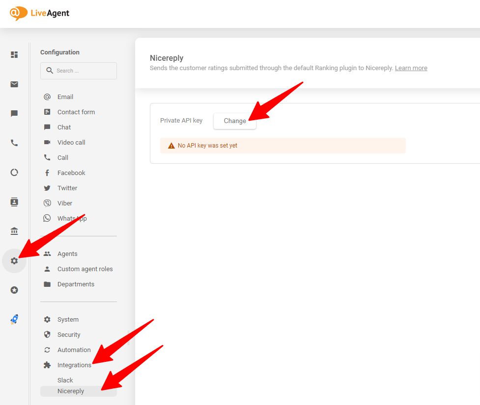 L'image montre où placer la clé API générée dans votre compte LiveAgent
