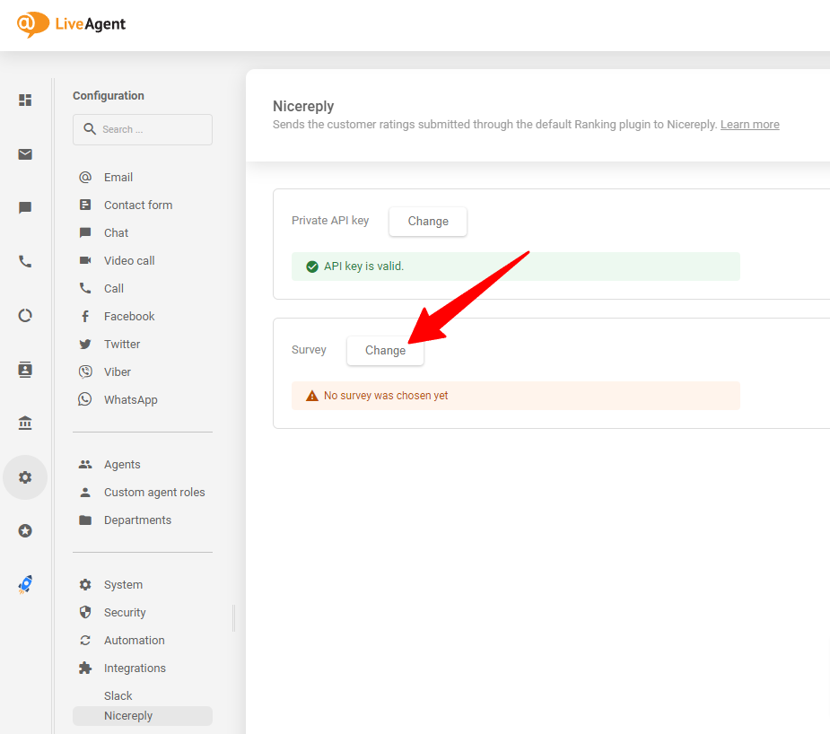 Choisissez l'enquête Nicereply que vous souhaitez après avoir collé la clé API dans votre LiveAgent
