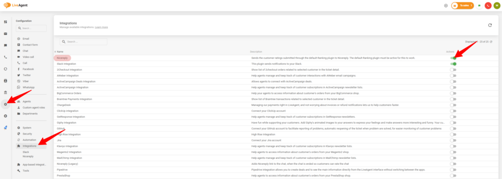 Le processus d'activation de l'intégration avec Nicereply dans les paramètres de LiveAgent