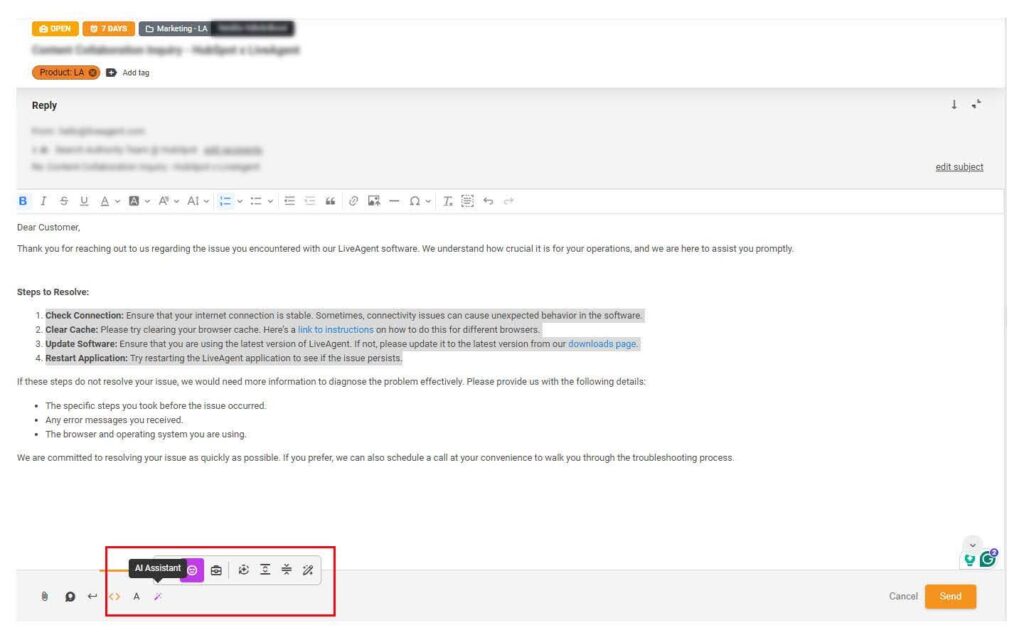 Assistant de réponse IA de LiveAgent