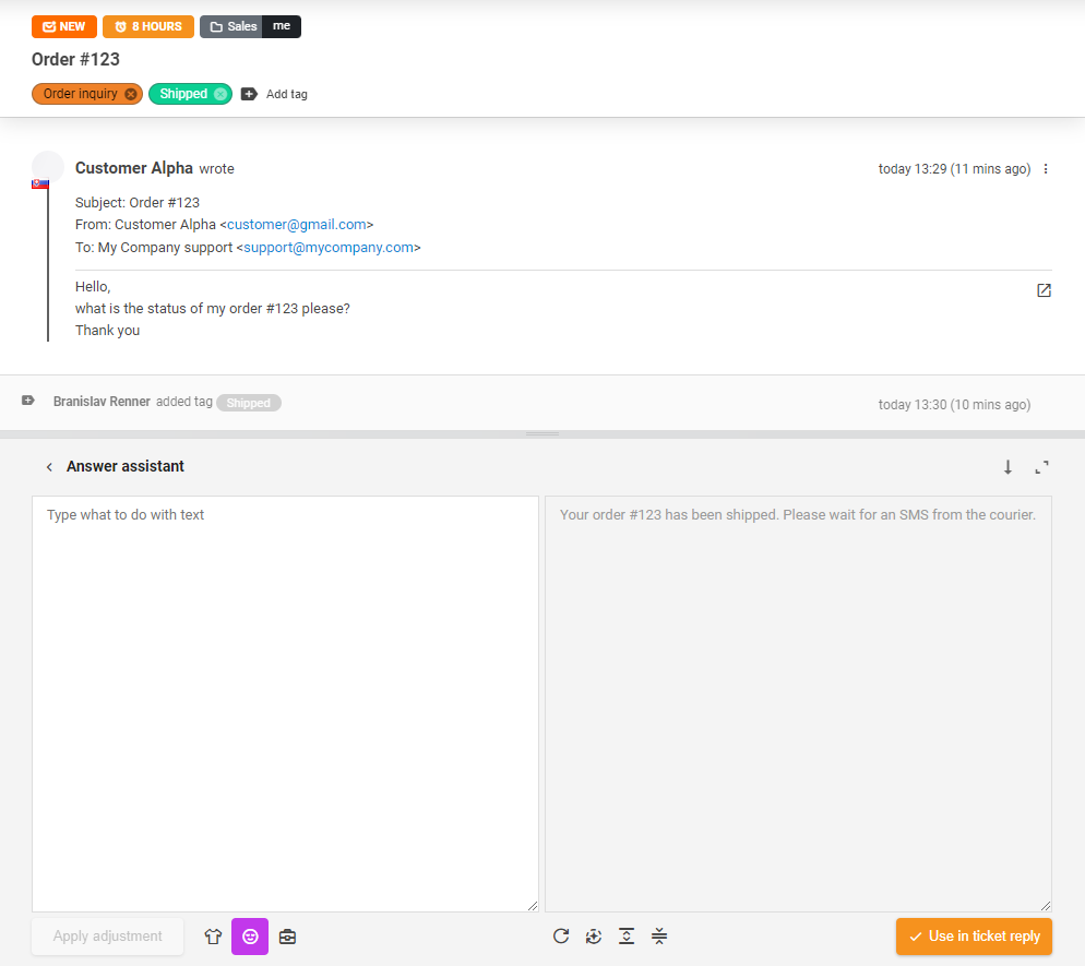Outil Assistant de réponse IA utilisé pour une réponse à un ticket