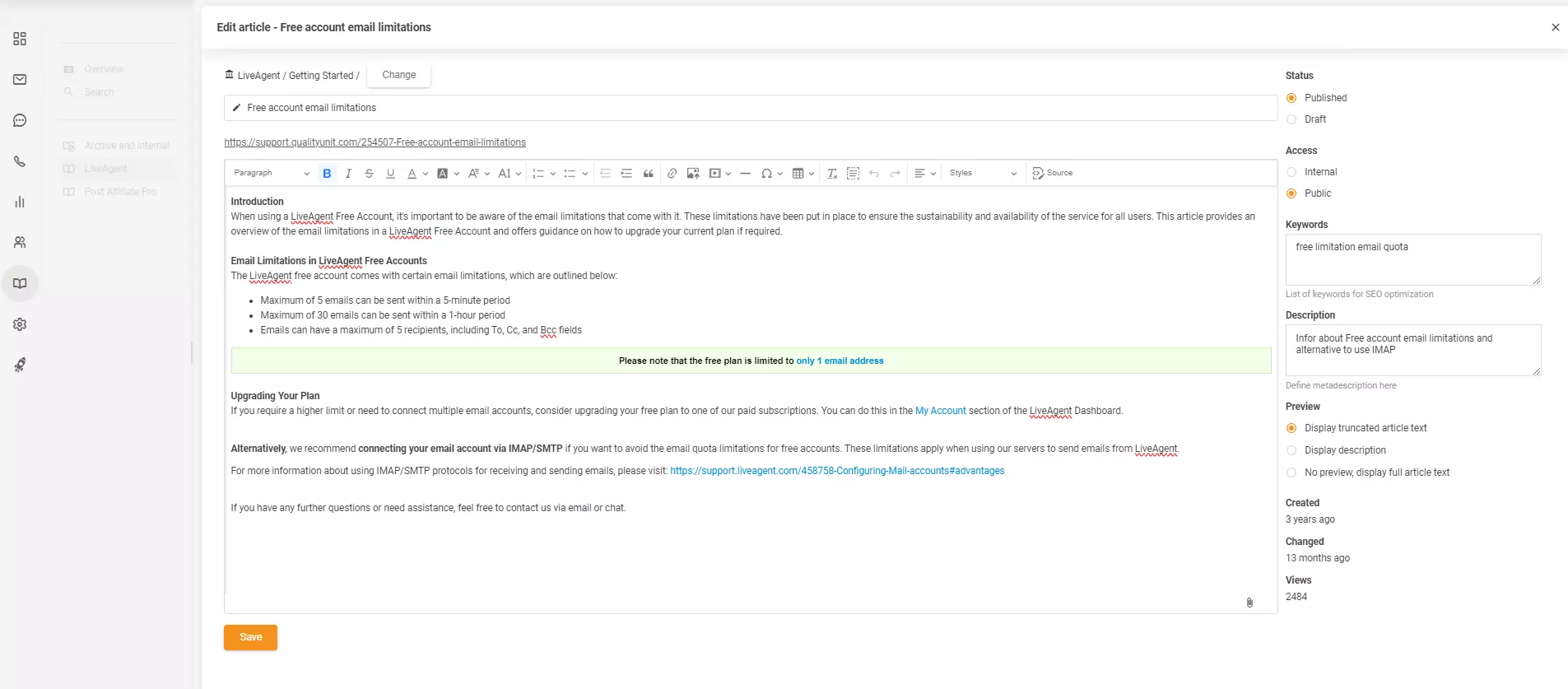 Éditeur d'articles dans LiveAgent