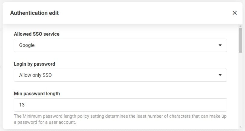 Écran des paramètres d'authentification montrant l'option pour autoriser uniquement SSO dans la section de connexion par mot de passe