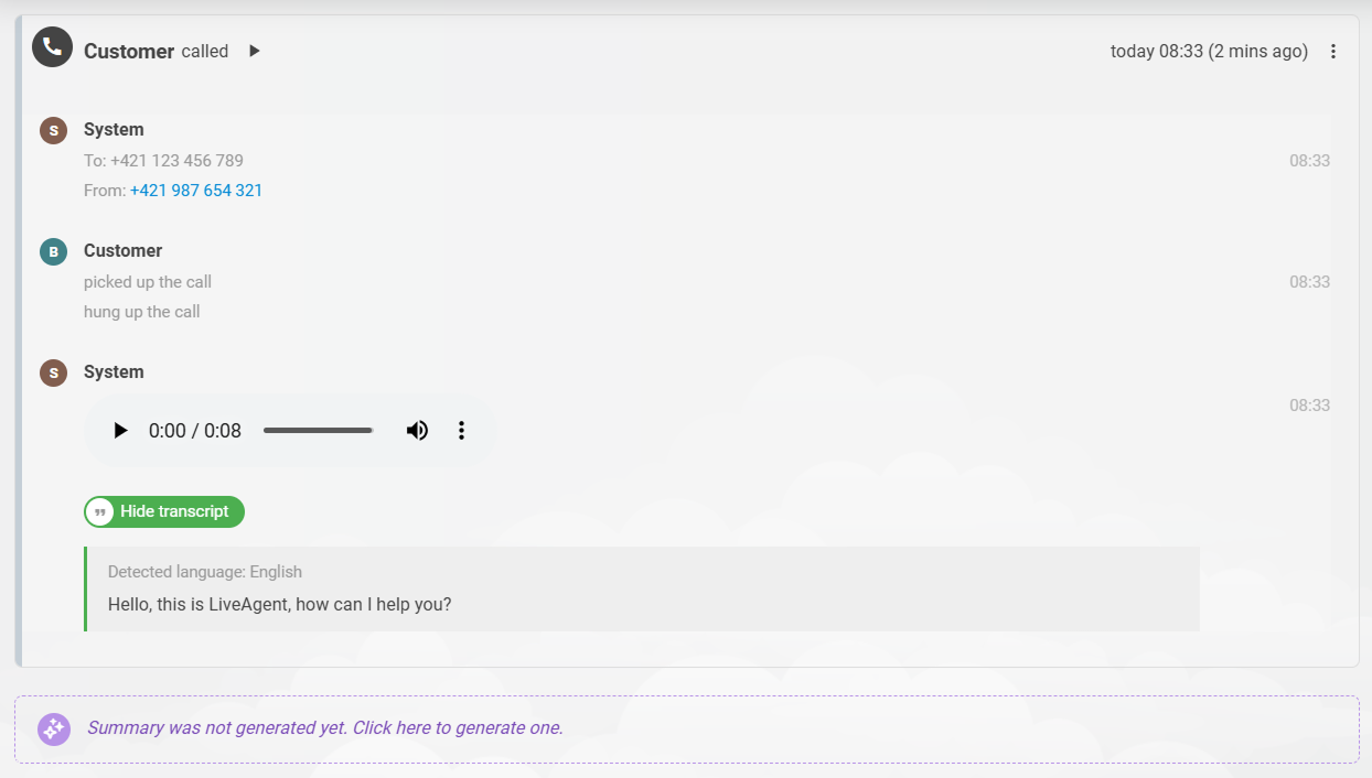 Transcription d'appels LiveAgent : chronologie du ticket montrant un enregistrement d'appel avec sa transcription sous le lecteur audio