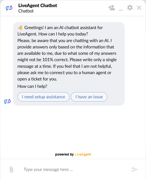 Fenêtre de chat LiveAgent montrant un message d'accueil du chatbot IA avec deux boutons de réponse cliquables pour l'aide à la configuration et le signalement d'un problème