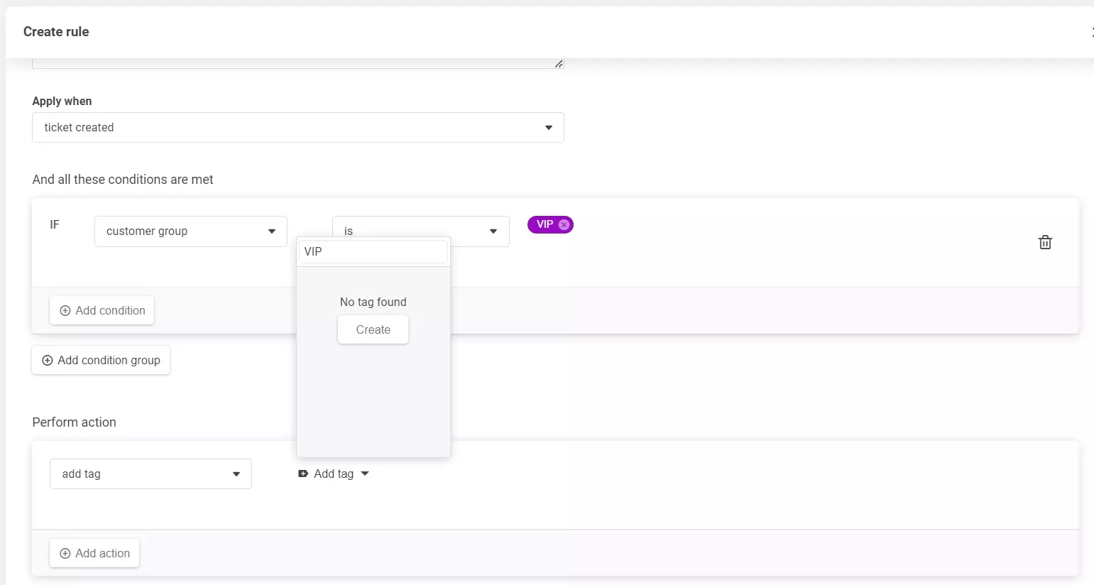 Une capture d'écran de la section de création de règle, montrant comment ajouter une nouvelle balise.
