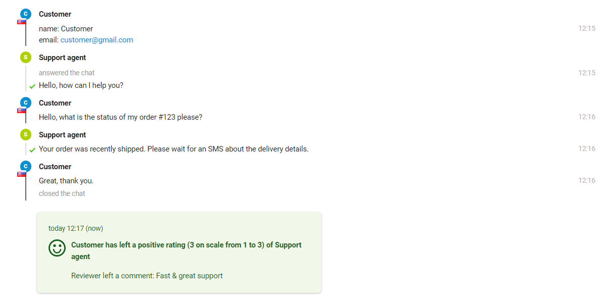 L'image montre l'interaction entre un client et un agent d'assistance, où l'agent peut voir l'évaluation à la fin du message