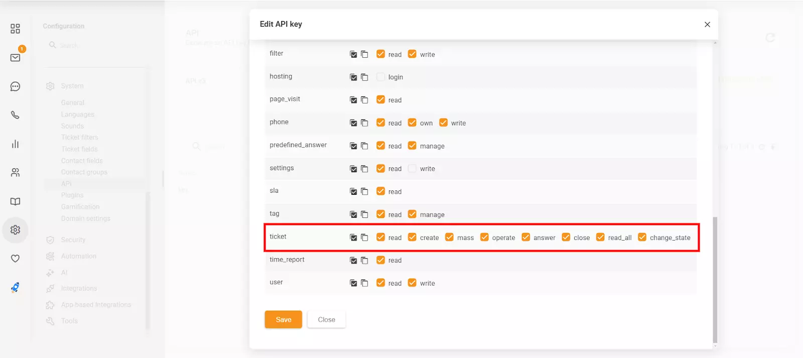 La section Éditer la clé API dans LiveAgent montrant les nouvelles permissions ' close ' et ' change_state '