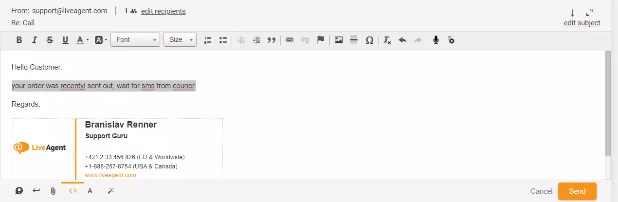 Image montrant la réponse au ticket en surbrillance dans LiveAgent