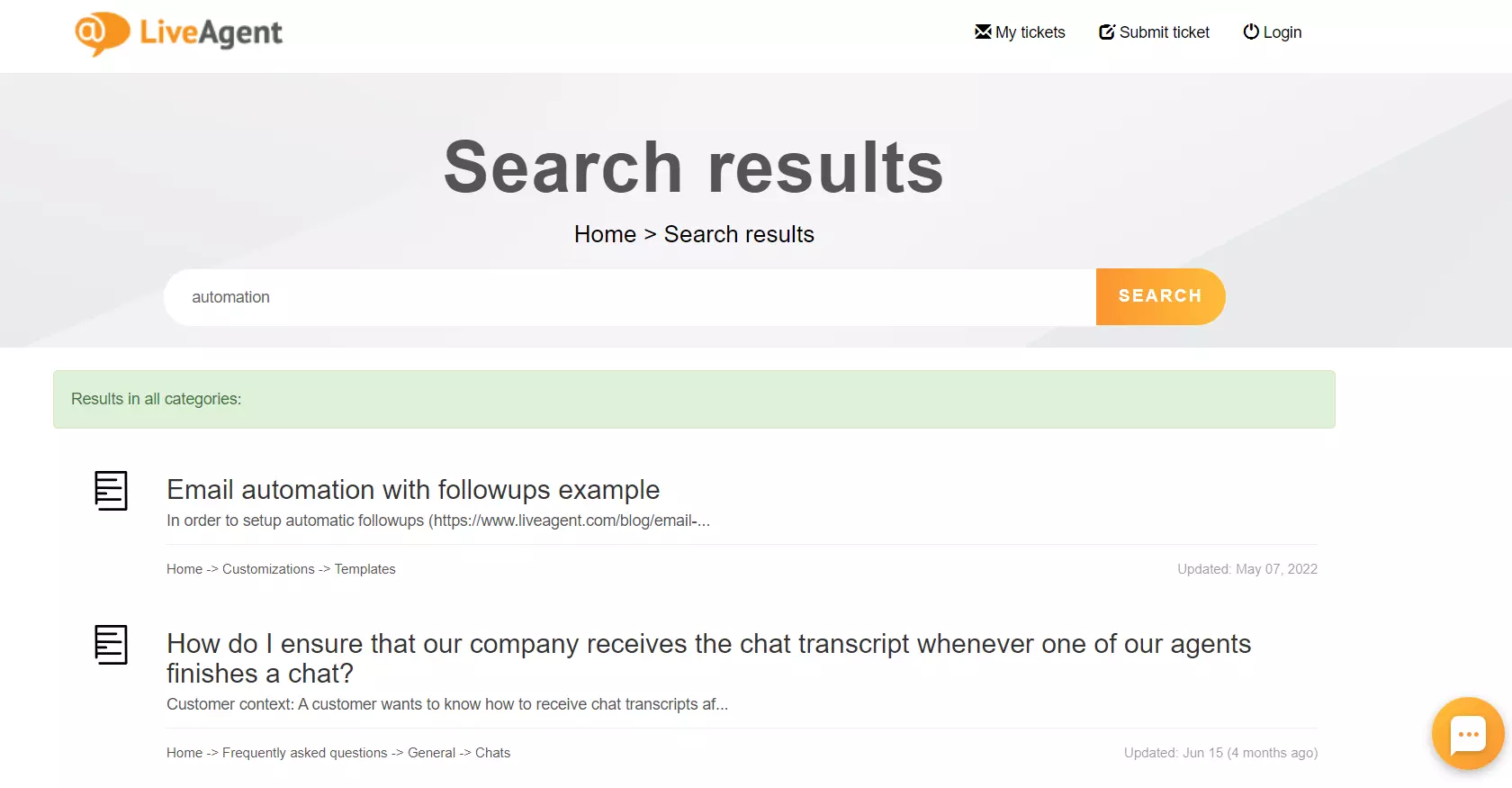 Fonctionnalité de recherche de base de connaissances LiveAgent