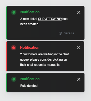 Capture d'écran montrant les notifications contextuelles de LiveAgent