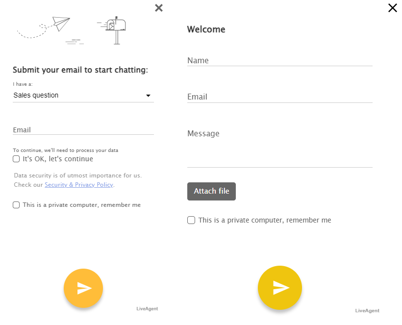 Fenêtres de sondage pré-chat montrant quel type d'informations peut être demandé.
