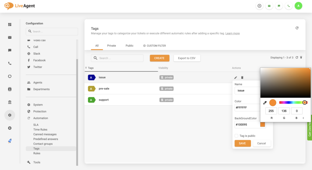 Mise à jour du paramètre de changement de couleur d'étiquette dans LiveAgent