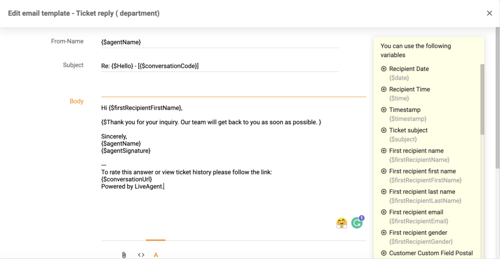 Nouvel éditeur de modèles dans LiveAgent 5.26