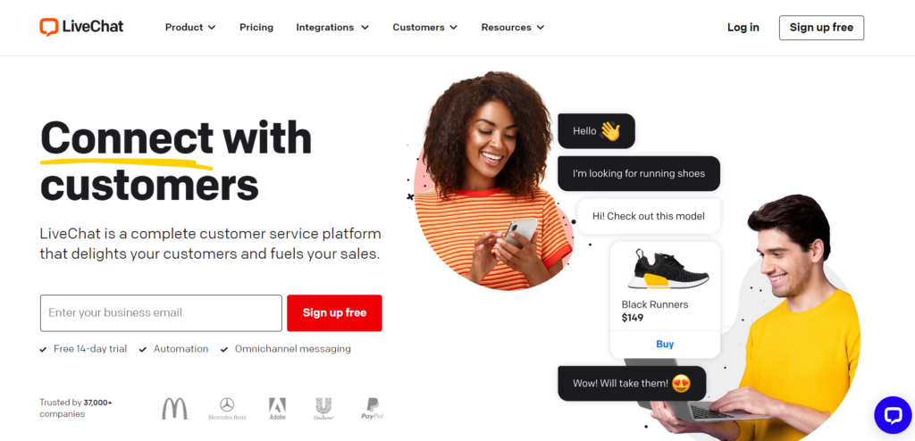 Page d'accueil de LiveChat - logiciel de live chat pour le commerce électronique