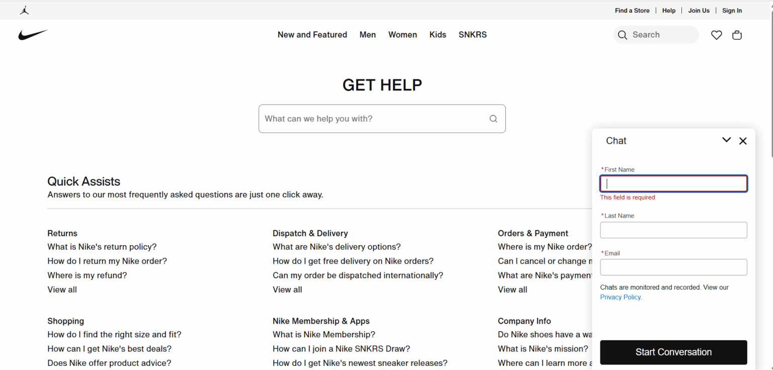 Chatbot IA sur le site Web de Nike