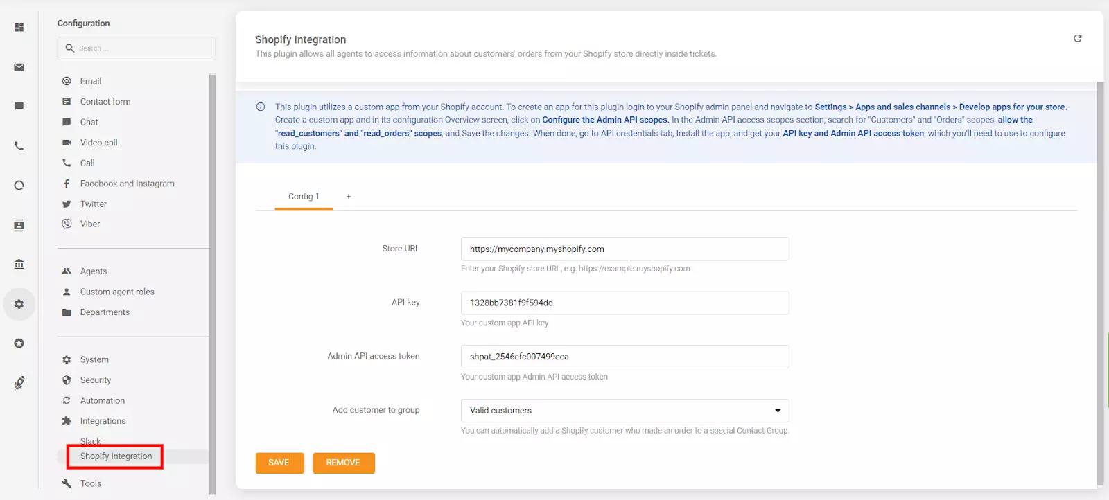 Placement de la clé API et du jeton d'accès de l'API dans la section de configuration de LiveAgent