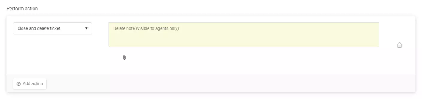 Configuration de règle automatique montrant l'action ' fermer et supprimer le ticket ' dans LiveAgent