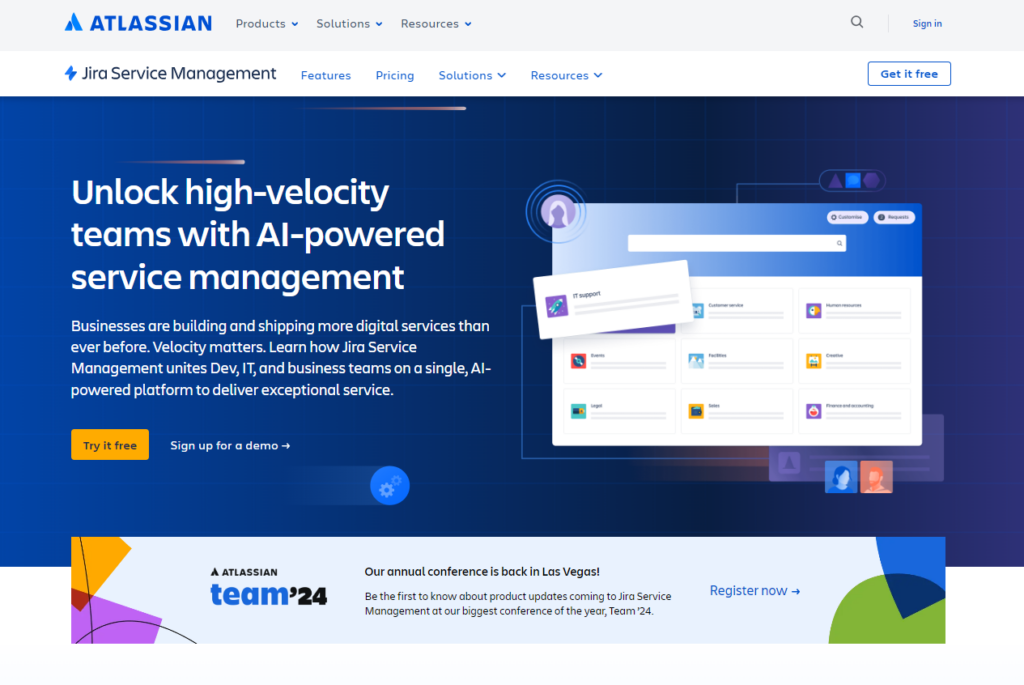 Page d'accueil de Jira Service Management, une alternative Help Scout pour les logiciels d'assistance