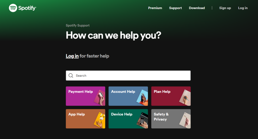 Page d'assistance de Spotify