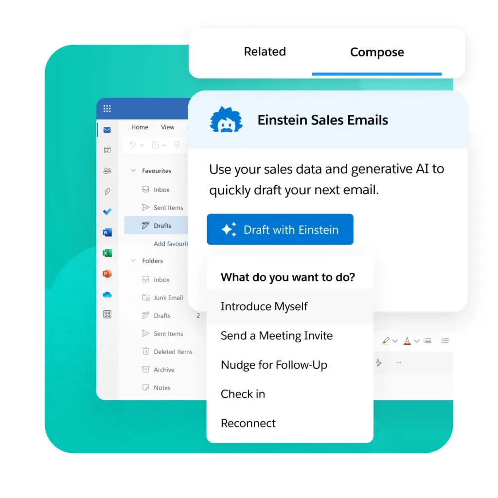 Interface Salesforce Einstein Sales Emails montrant les options de rédaction d'e-mails alimentées par l'IA.