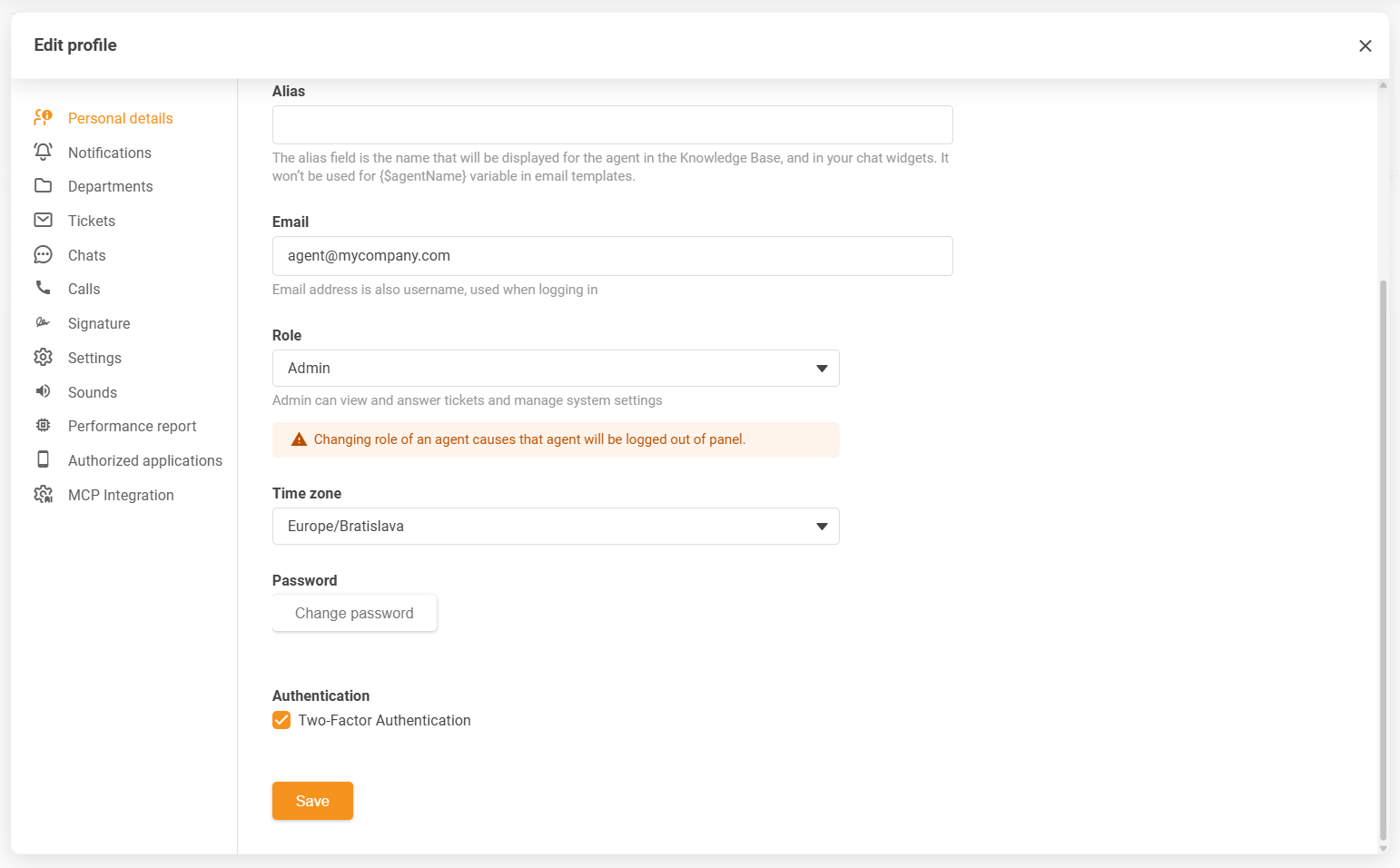 Paramètres de fuseau horaire du profil d'agent LiveAgent